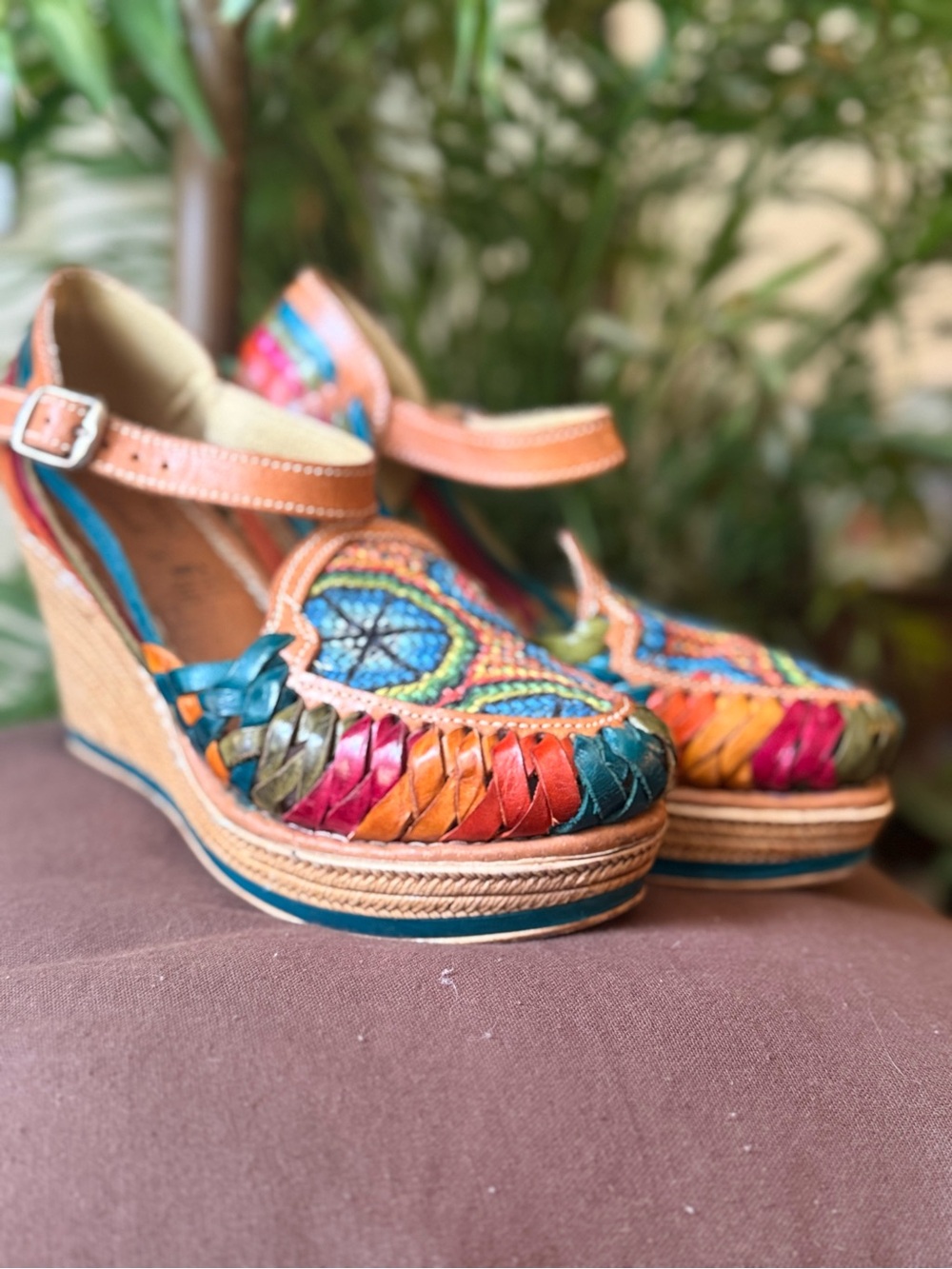 Mexican Huarache Wedge Sandals Women 9 Multicolor Leather Woven Boho Artisan